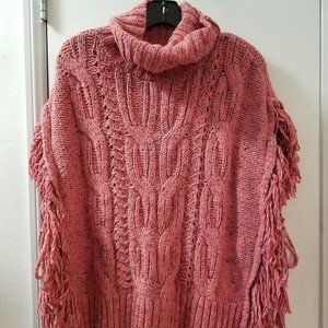 Women's Rose Cable-Knit Fringe Turtleneck Poncho Sweater